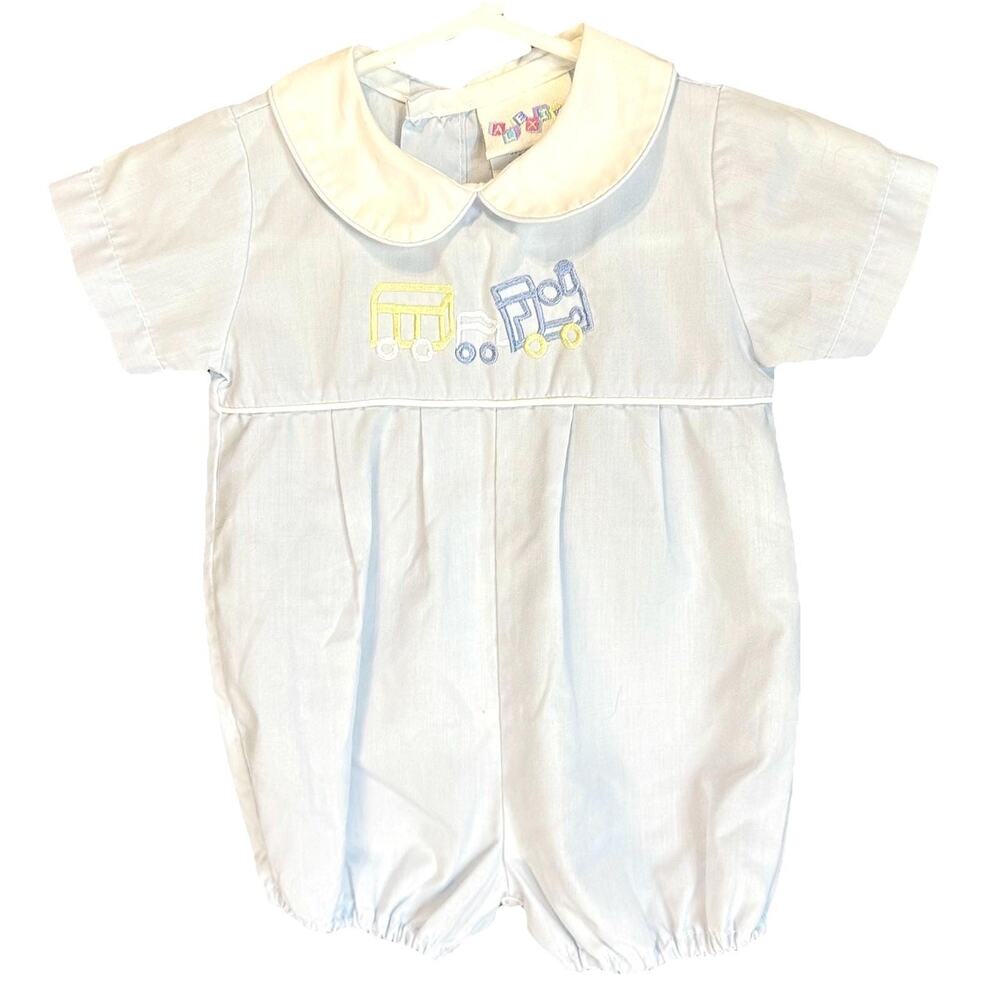 Vintage Baby Romper 3M: Alexis Train Applique, Peter Pan Collar